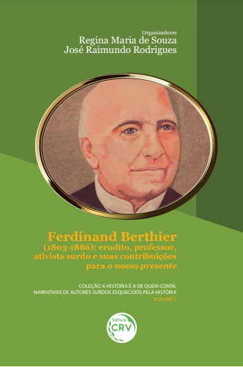 Capa do livro "Ferdinand Berthier". Tem fundo em tons de verde de escuros a claros e uma foto do professor surdo ao centro