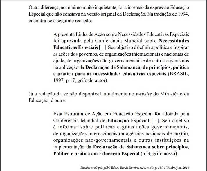 Trecho da página 367 do artigo sobre erros de tradução da Declaração de Salamanca